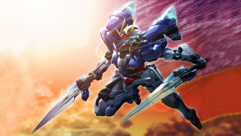 Blue Gundam in battle stance
