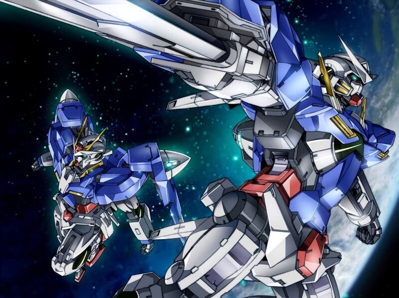 Blue Gundam mechs in space