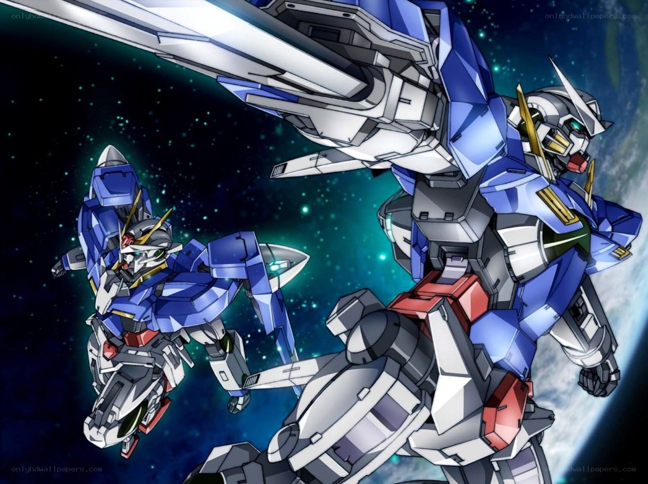 Blue Gundam mechs in space