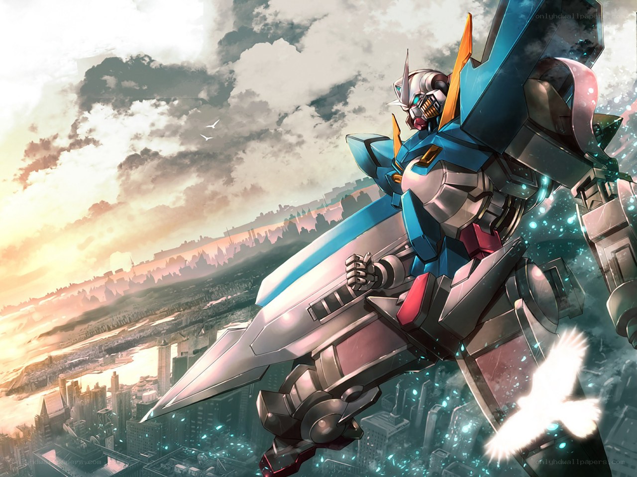 Blue Gundam over city