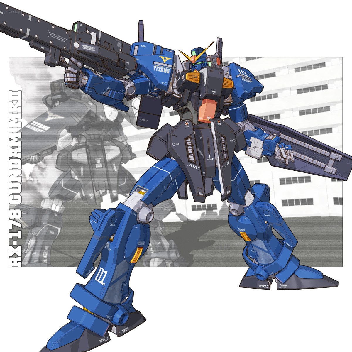 Blue Gundam with large gun