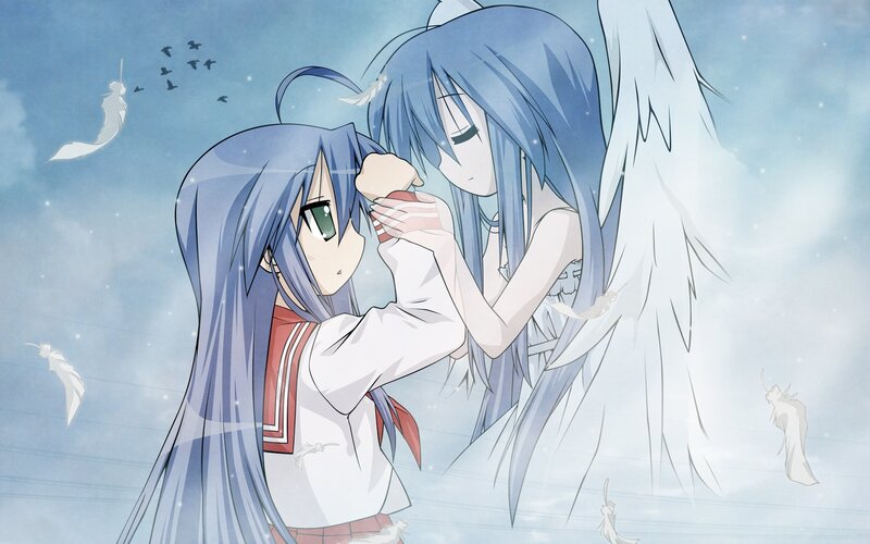 Blue-haired angel and girl
