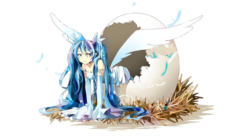 blue-haired angel emerging from egg