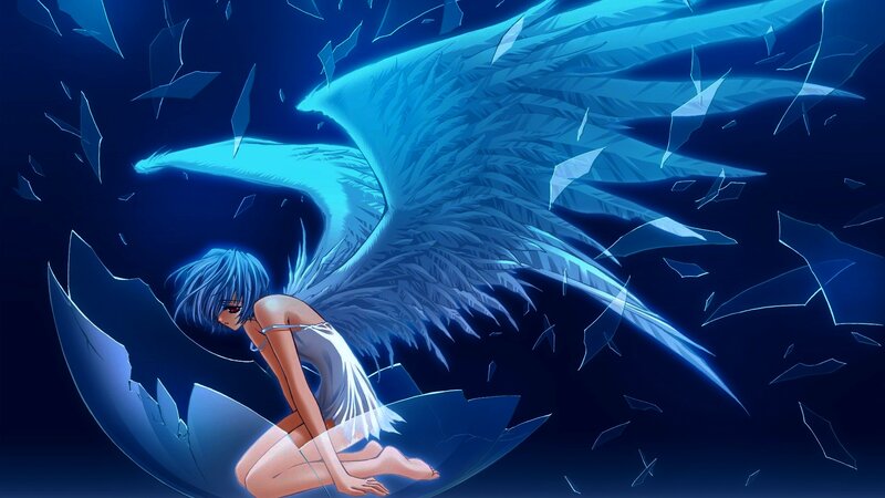 Blue-haired Angel Girl — Blue, Dramatic, Night, Anime, Wings