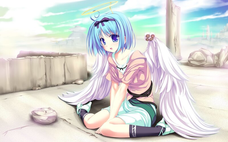 Blue-haired Angel Girl — Blue, Serene, Afternoon, Anime, Wings