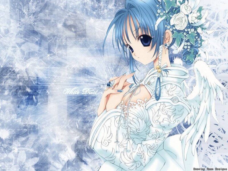 Blue-haired Angel Girl — Blue, Serene, Anime, Wings, Flowers, Ring, White