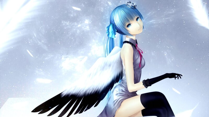 Blue-haired Angel Girl — Blue, Serene, Anime, Wings, Gloves