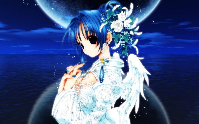 Blue-haired Angel Girl — Blue, Serene, Night, Anime, Moon