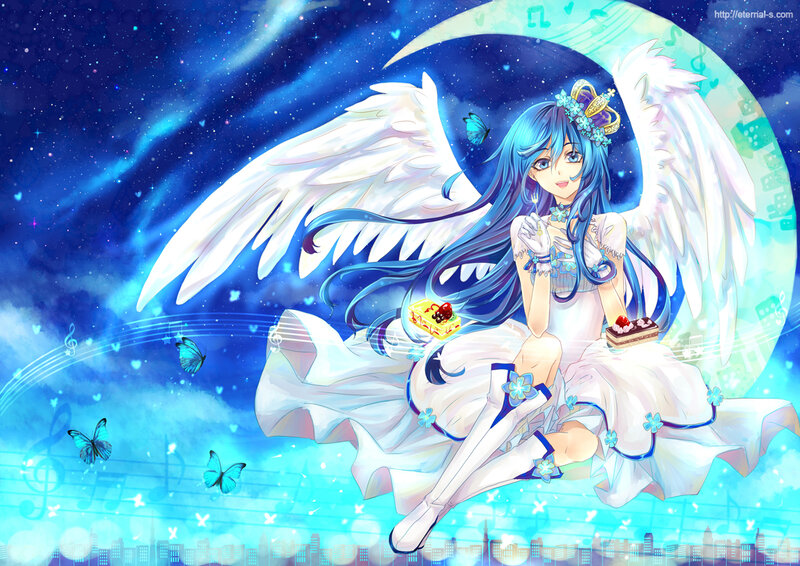 Blue-haired Angel Girl — Blue, Serene, Night, Anime, Wings, Butterflies