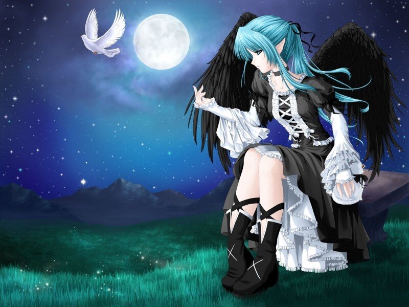 Blue-haired Angel Girl — Blue, Serene, Night, Digital Art, Moon, Dove
