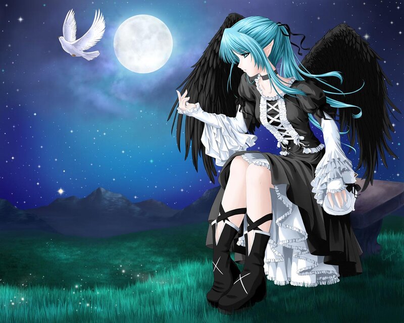 Blue-haired Angel Girl — Blue, Serene, Night, Digital Art, Moon