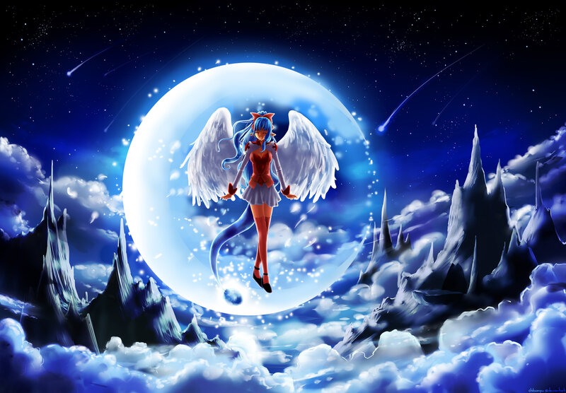 Blue-haired Angel Girl — Blue, Serene, Night, Digital Art, Wings, Moon, Clouds