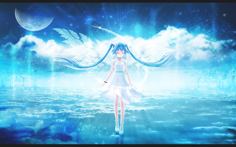 Blue-haired Angel Girl — Blue, Serene, Night, Digital Art, Wings, Moon
