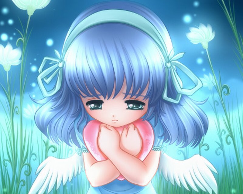 Blue-haired Angel Girl — Blue, Serene, Night, Digital Art, Wings