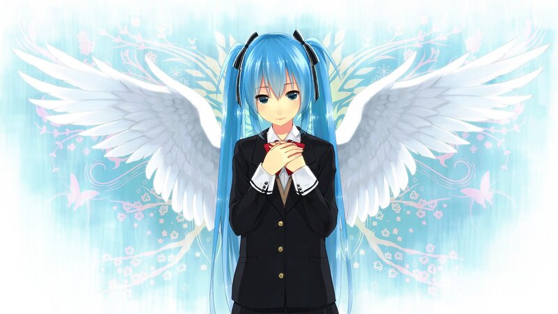 Blue-haired Angel Girl — Blue, Serene, Spring, Anime, Wings, School Uniform