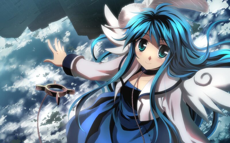 blue-haired angel girl in sky
