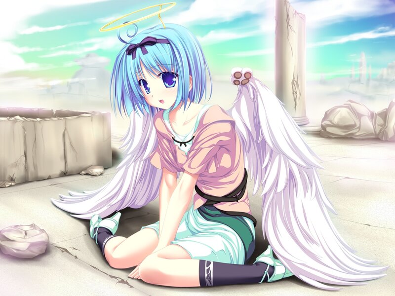 blue-haired angel girl sitting