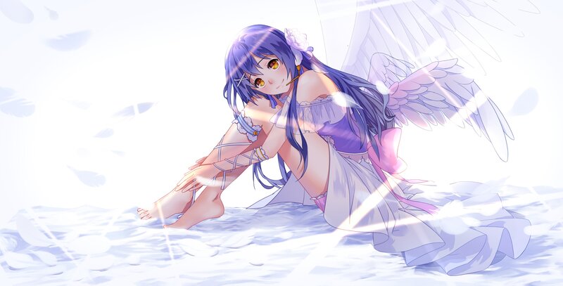 Blue-haired Angel Girl — White, Serene, Digital Art, Wings, Feathers