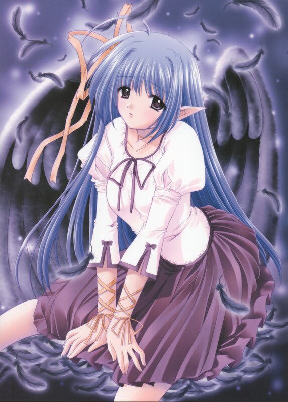 blue-haired angel girl with feathers