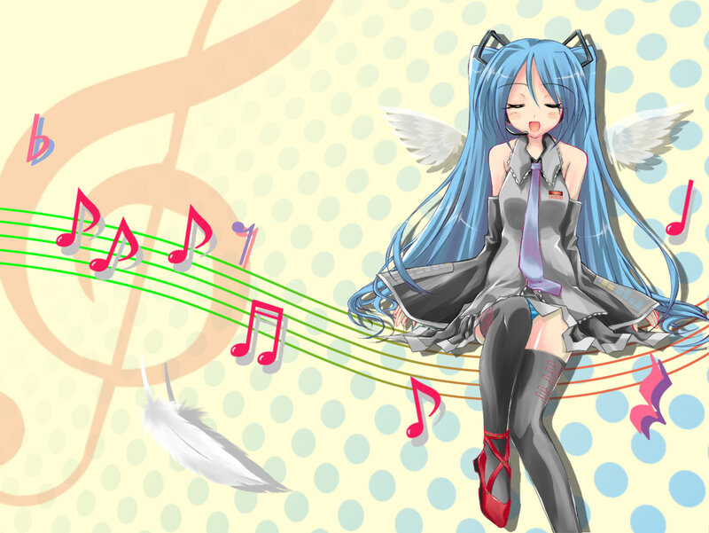blue-haired angel girl with music