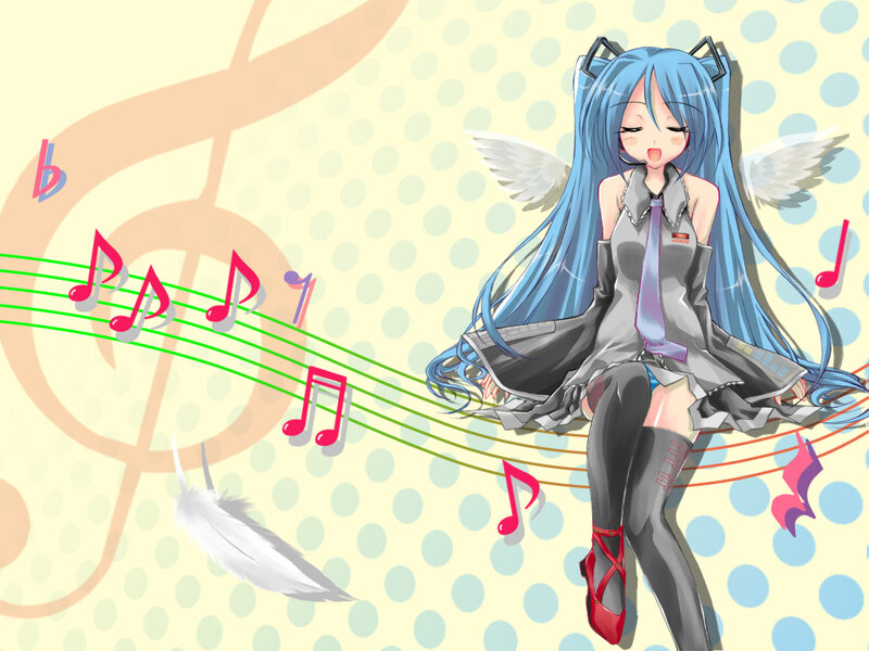 blue-haired angel girl with music