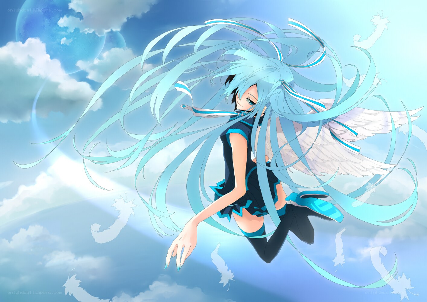 blue-haired angel in sky