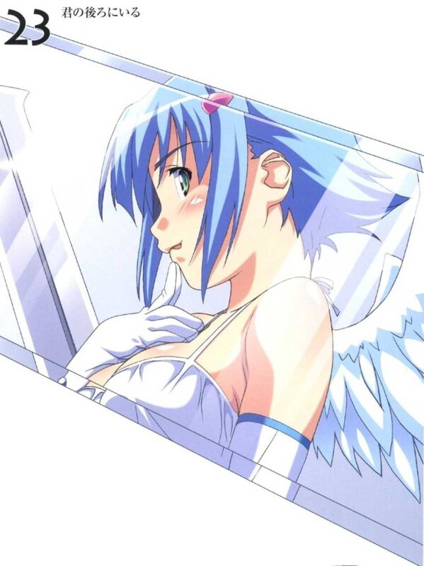blue-haired angel in white dress