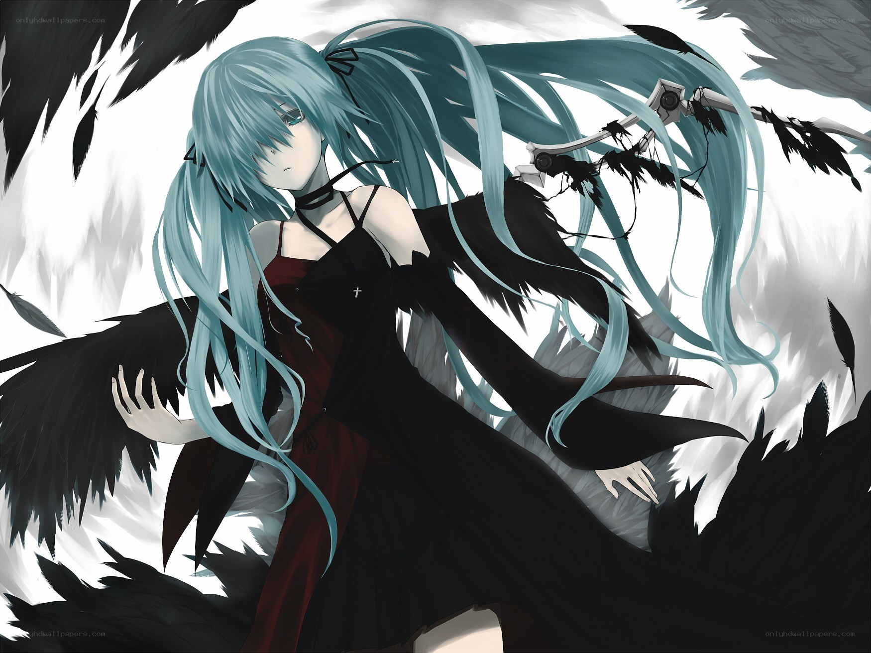 blue-haired angel with black wings