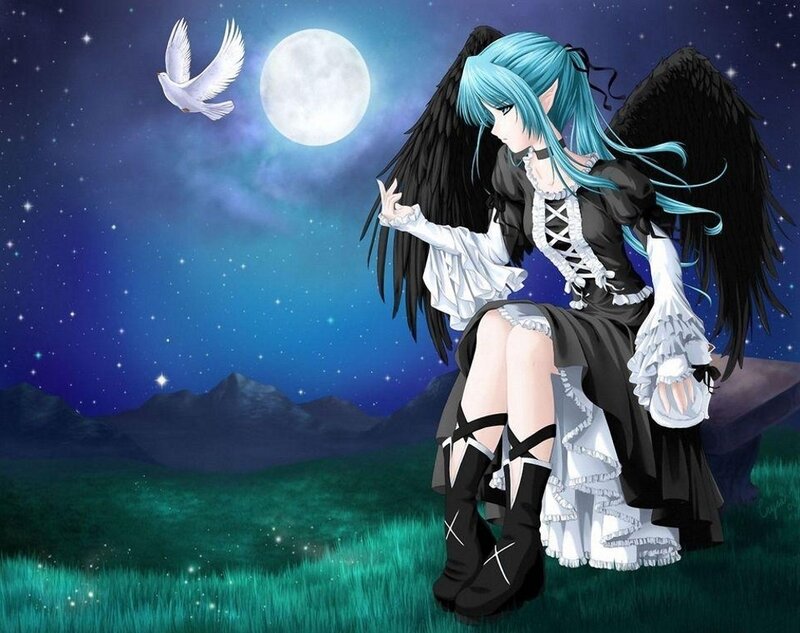 Blue-haired angel with black wings
