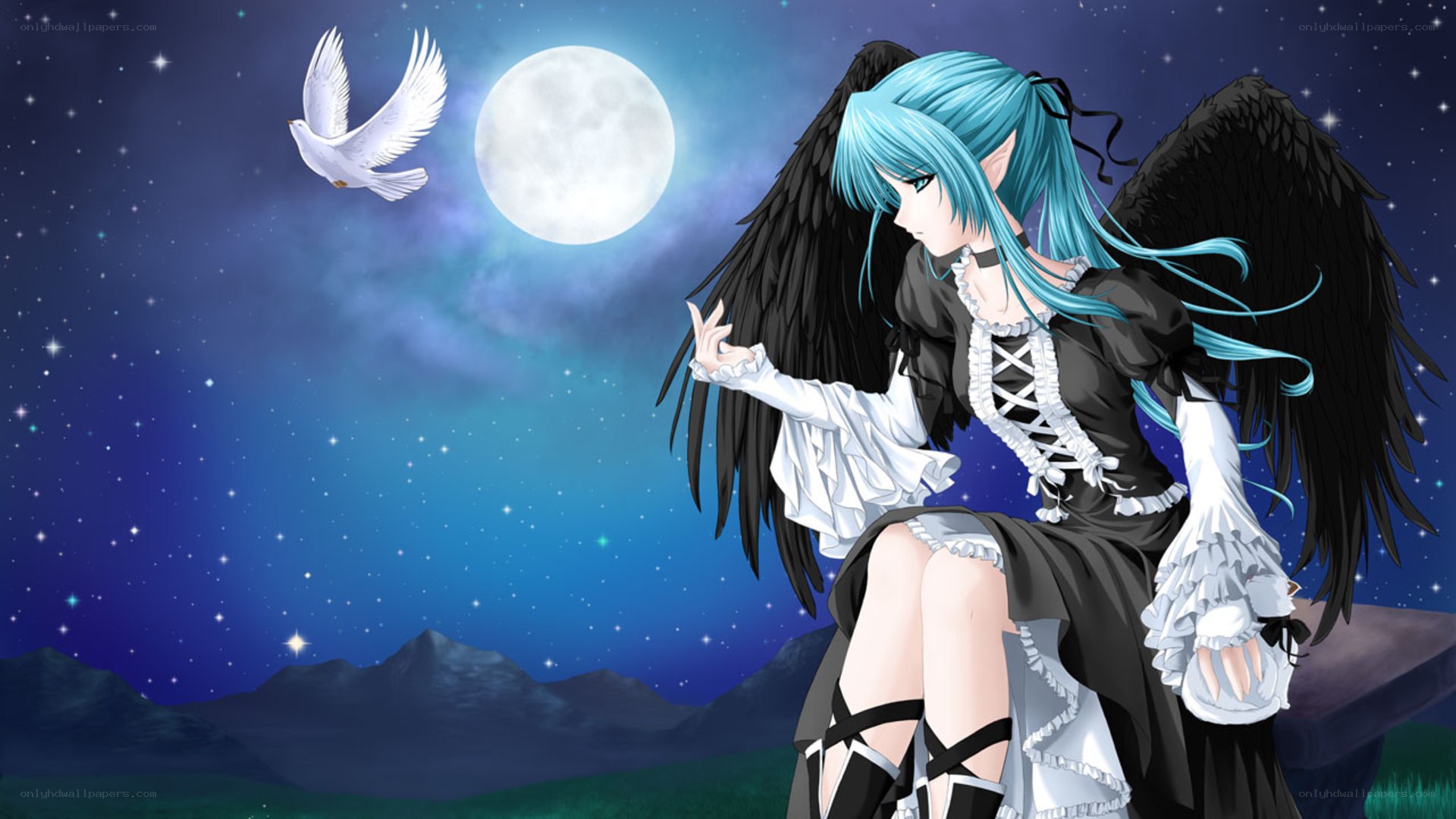blue-haired angel with black wings