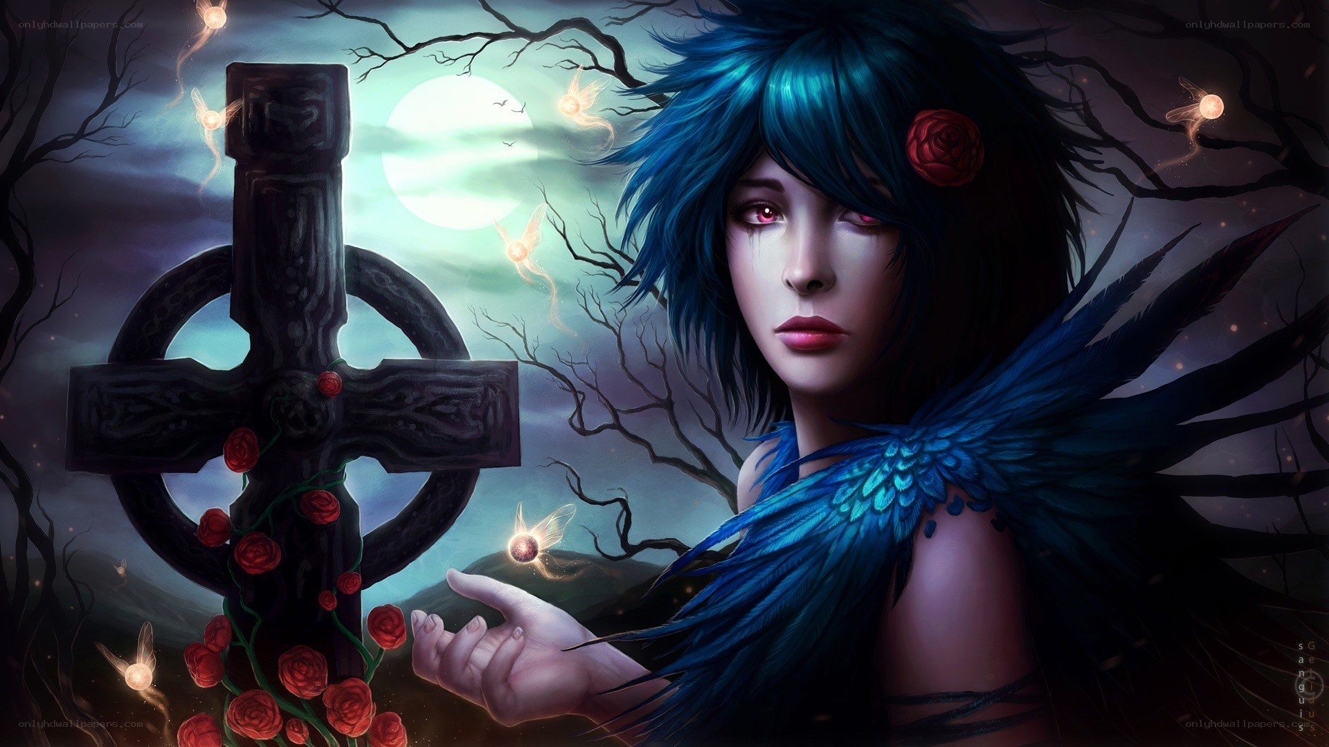 Blue-haired angel with cross