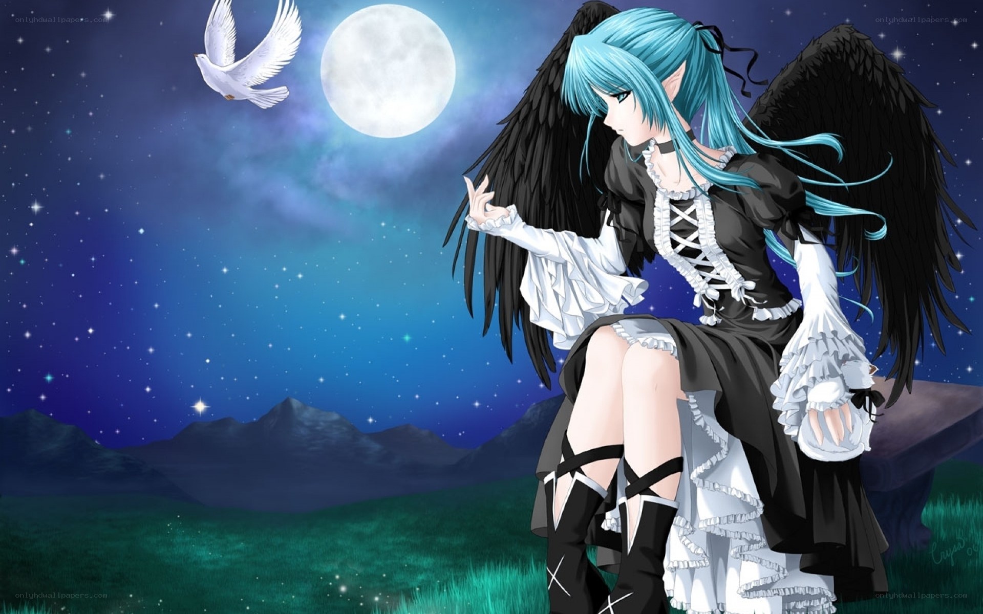 blue-haired angel with dove