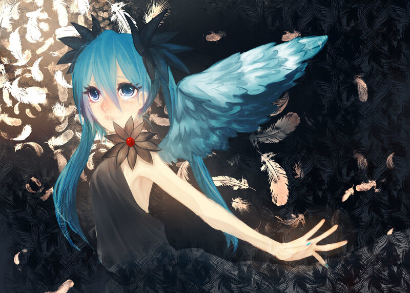 Blue-haired angel with feathers