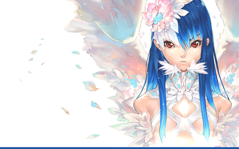 blue-haired angel with flowers