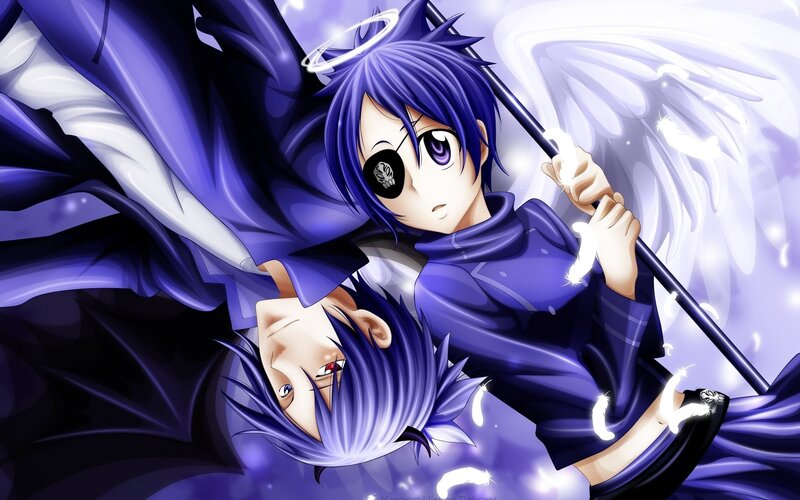 Blue-haired angel with staff