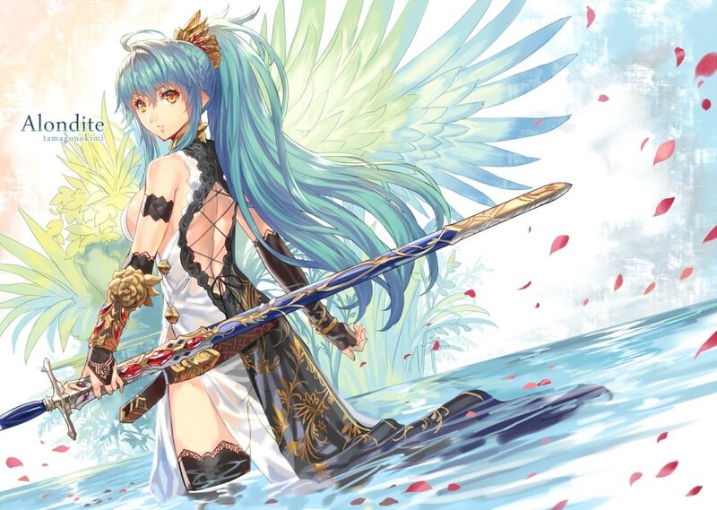 Blue-haired angel with sword