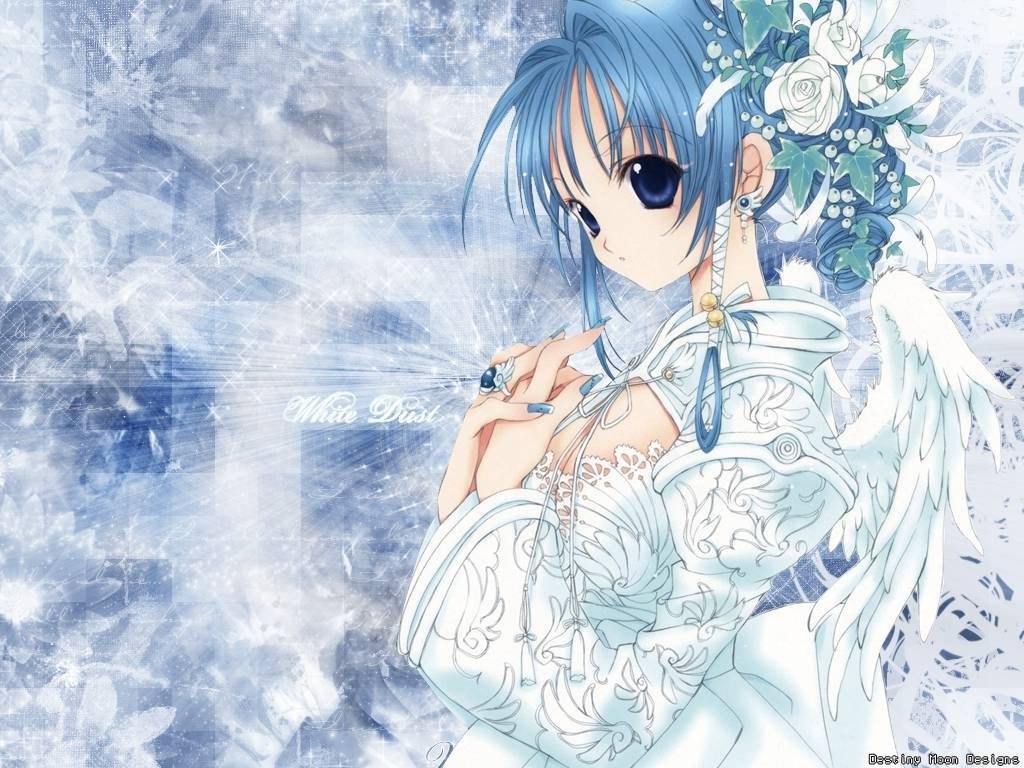 blue-haired angel with white wings
