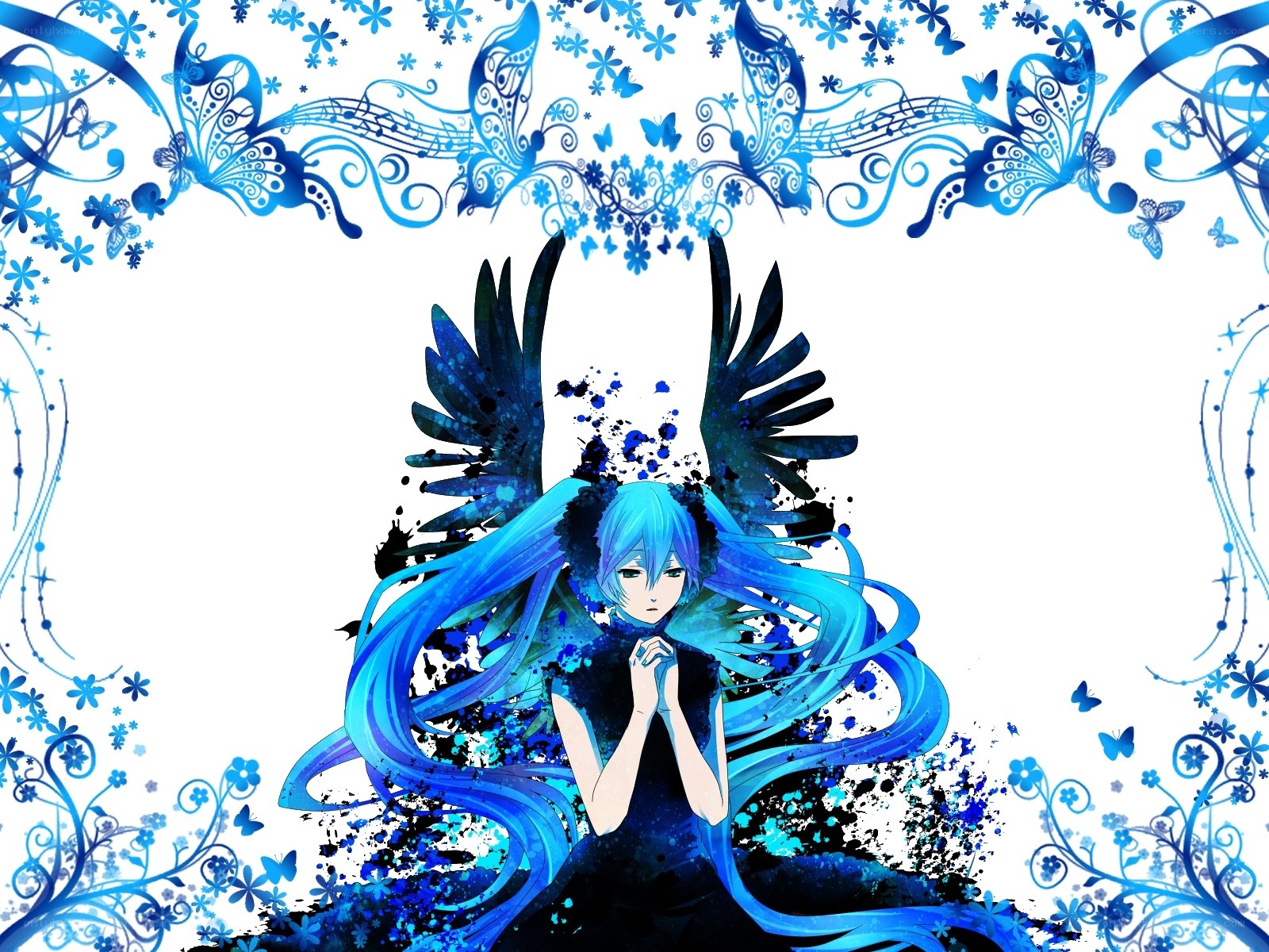 blue-haired angel with wings