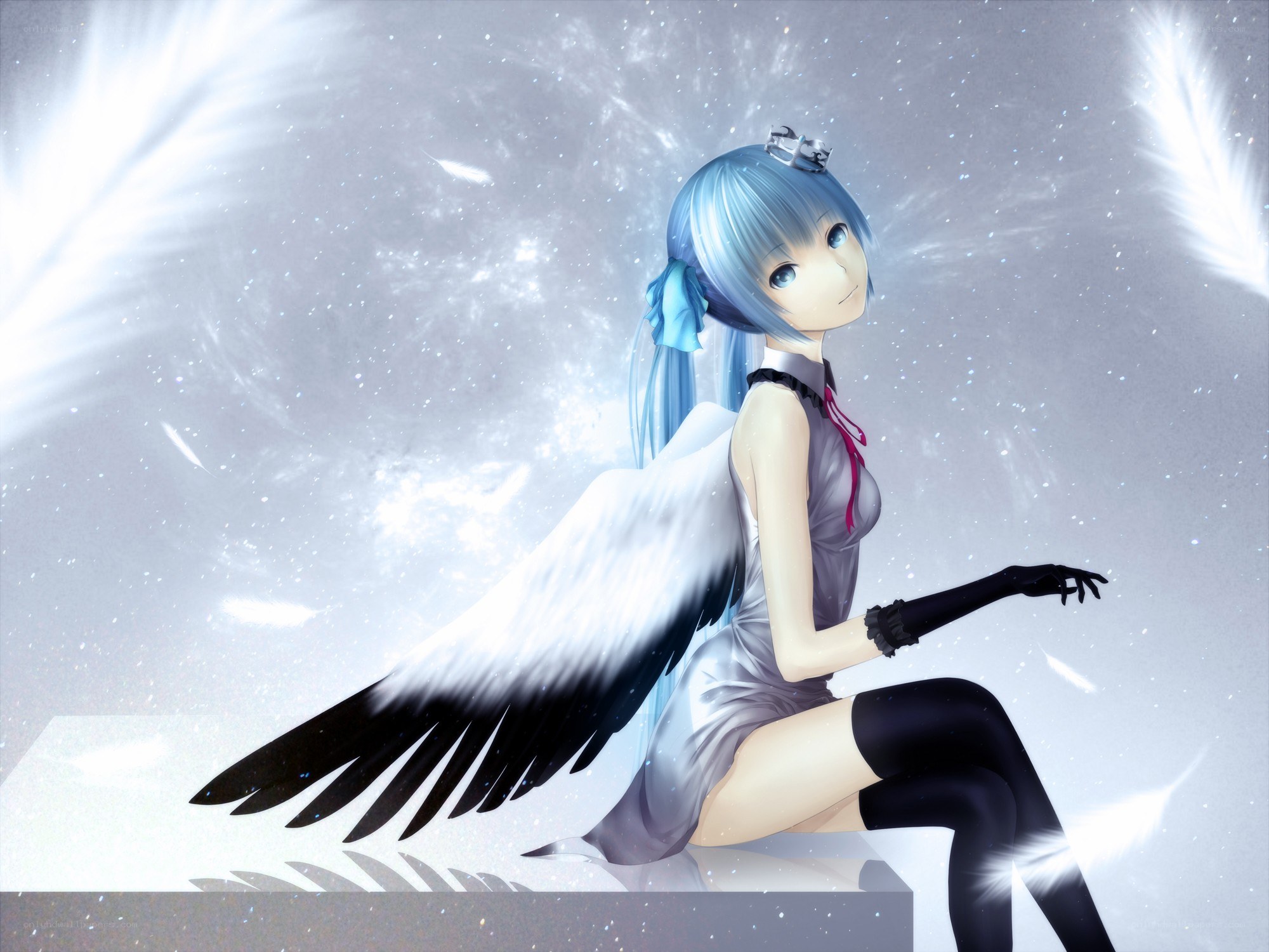 blue-haired angel with wings