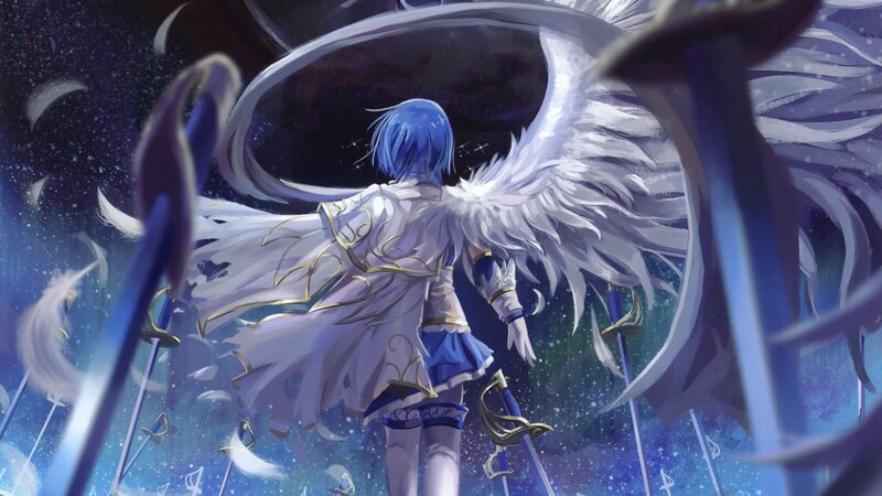 Blue-haired Angel with Wings — White, Dramatic