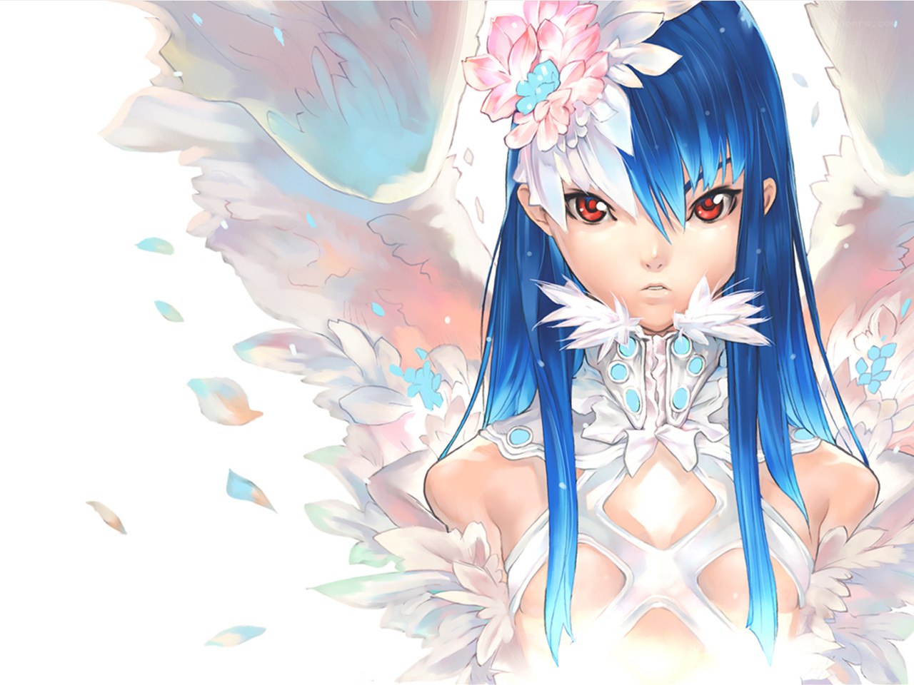 blue-haired angel with wings