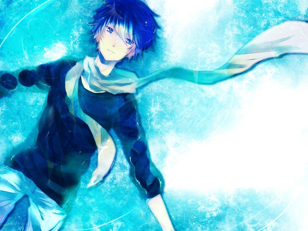 blue-haired anime boy underwater