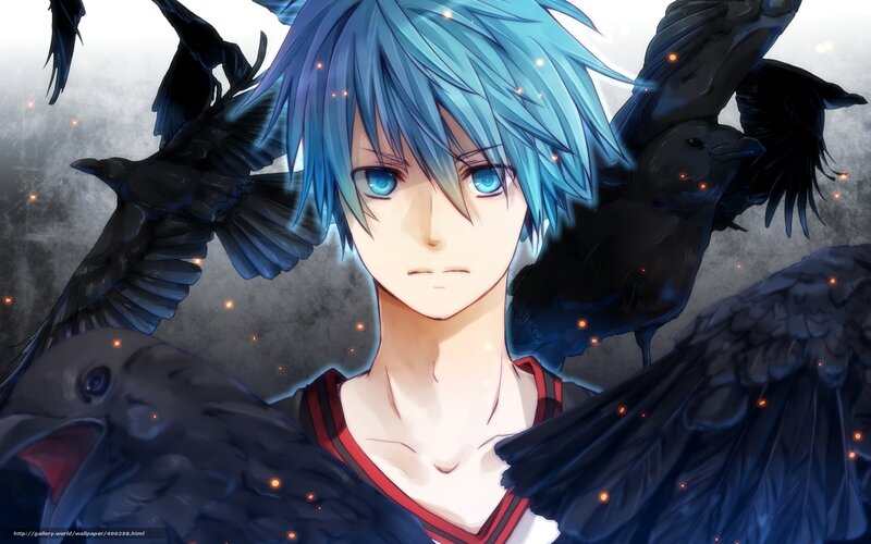 blue-haired anime boy with crows