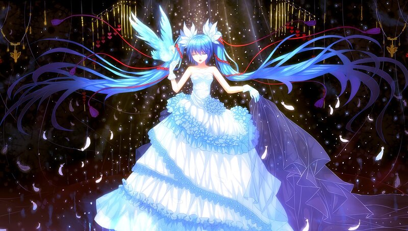 blue-haired anime bride with bird