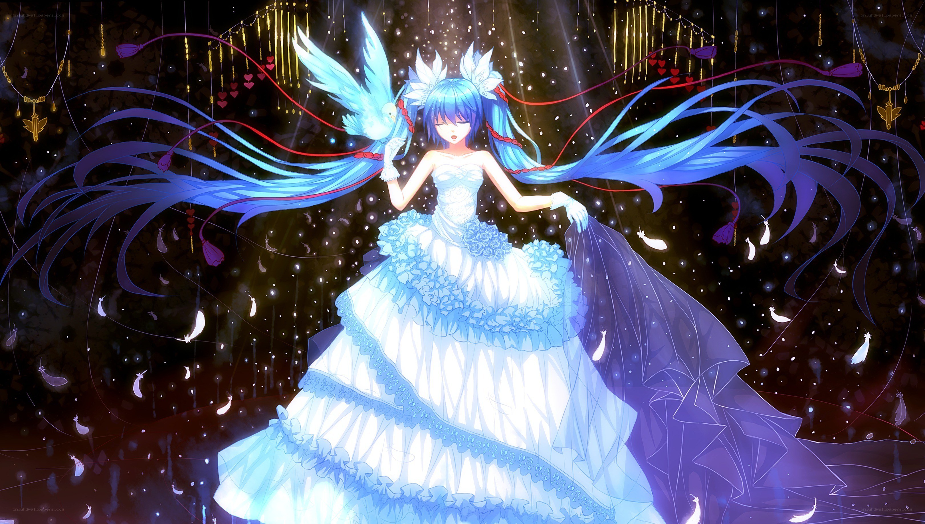 blue-haired anime bride with bird