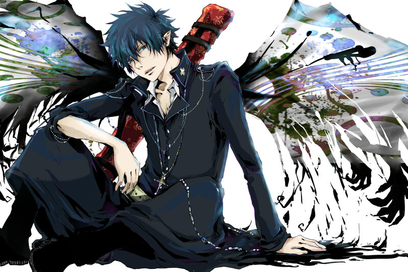 Blue-haired Anime Character — Black, Dramatic, Sword, Cross Necklace