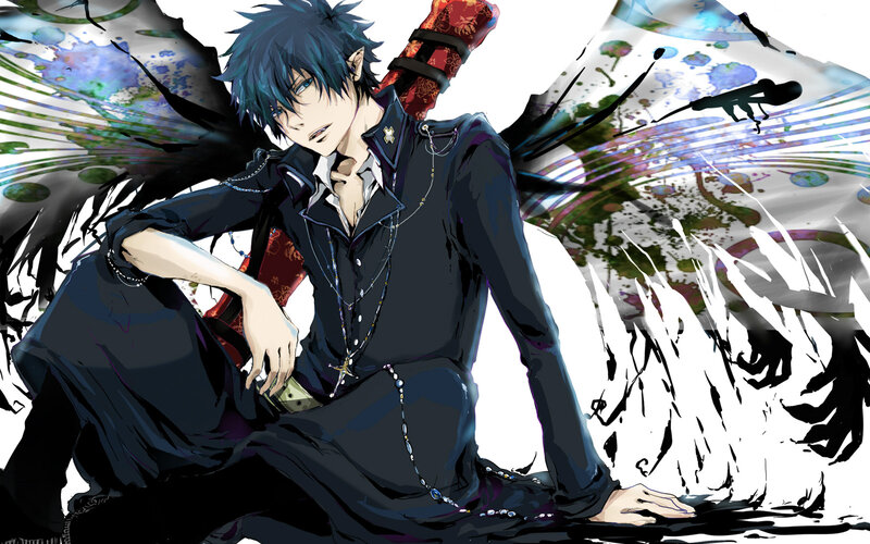 Blue-haired Anime Character — Black, Dramatic, Sword, Wings