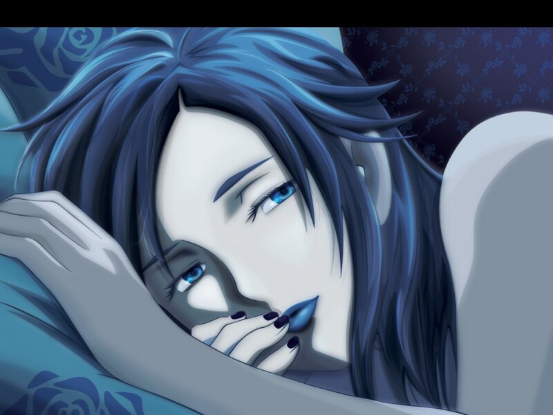 Blue-haired Anime Character — Blue, Calm, Night, Bed, Pillow