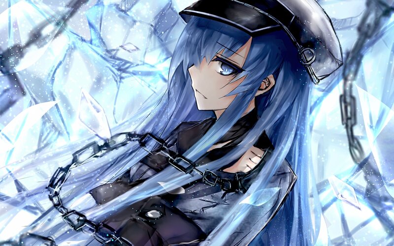 Blue-haired Anime Character — Blue, Dramatic, Chains, Crystal Shards
