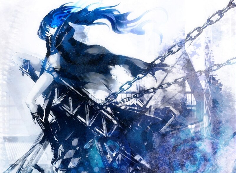Blue-haired Anime Character — Blue, Dramatic, Digital Art, Chain, Skyscraper